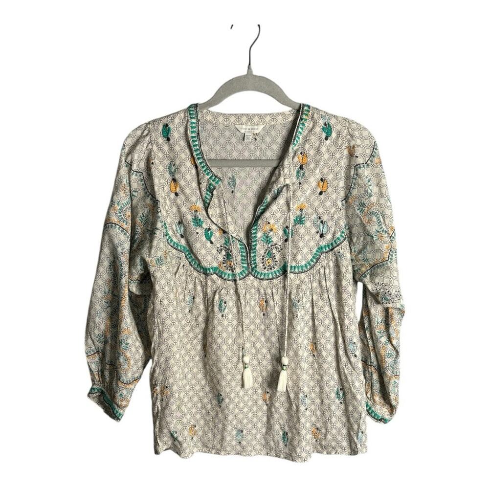 Lucky Brand Tan & Green Blouse With Embroidery and Tassels XS